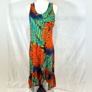 Madison colorful tropical print ruffle hem soft maxi dress size large